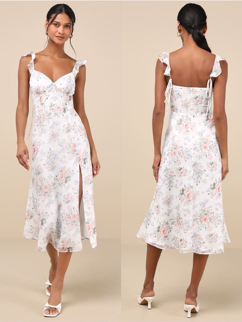 LULUS Delightful Direction White
Floral Ruffled Tie-Strap Midi
Dress